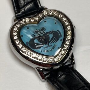 Rovada Claddagh Watch Women Silver Tone Heart blue Dial New Battery black strap